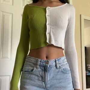 Green and white long sleeve top